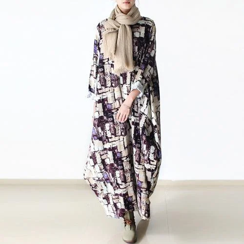 Long sleeve print linen maxi dresses winter dresses oversize Trendy Maxi Dress with Straps