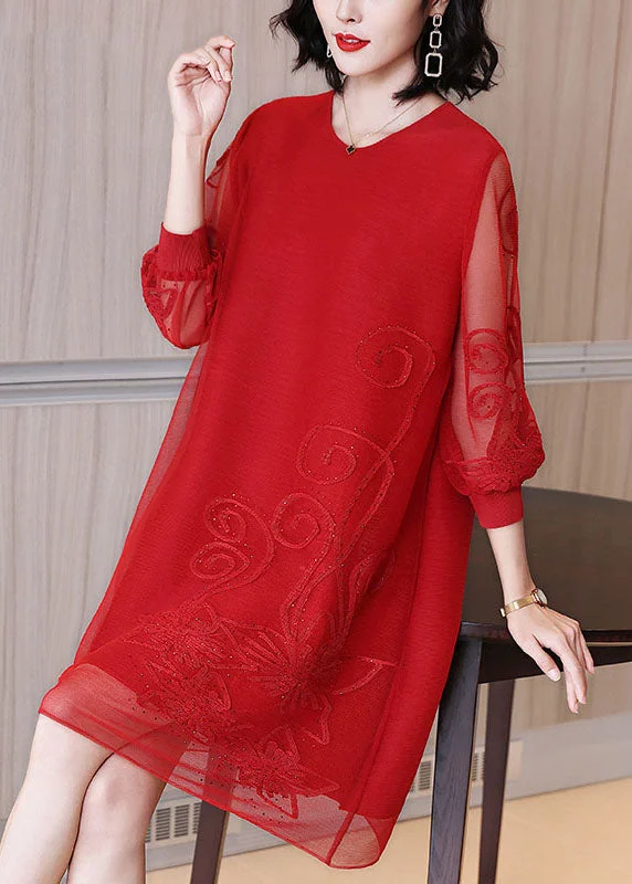 Loose Red Embroideried Nail Bead Tulle Maxi Dresses Fall Fashionable Layered Maxi Dress