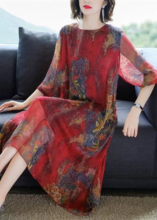 Loose Red O-Neck Print Chiffon Holiday Maxi Dress Summer Stylish Button-Up Maxi Dress