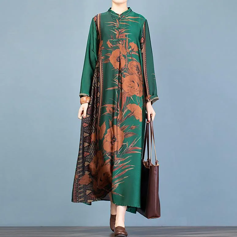 Loose stand collar Chinese Button clothes pattern green print Maxi Dresses Cozy Ruffle Sleeve Maxi Dress