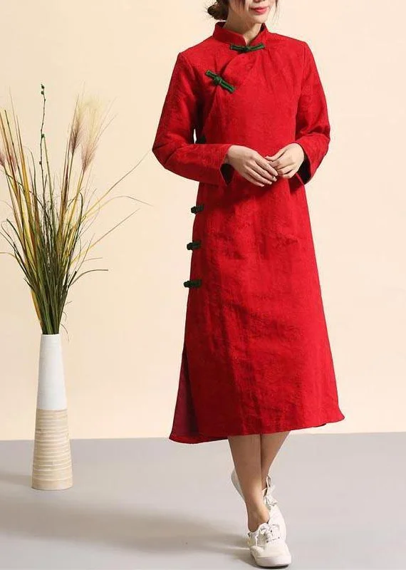 Loose Stand Collar Chinese Button Spring Dresses Tunic Red Maxi Dress Comfortable T-Shirt Maxi Dress