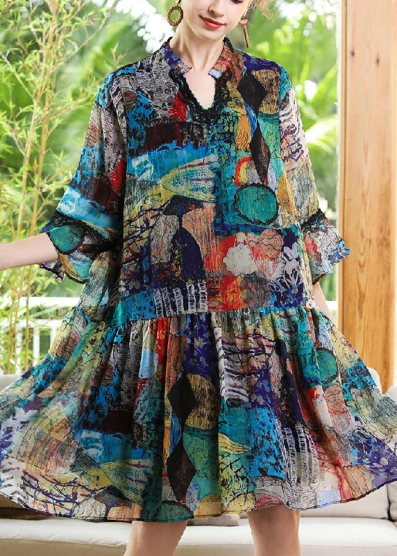 Loose V Neck Print Patchwork Chiffon Maxi Dress Long Sleeve Elegant Maxi Dress with Lace