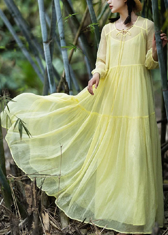 Loose Yellow Neck Tie Patchwork Chiffon Maxi Dress Spring Fashionable Sleeveless Maxi Dress