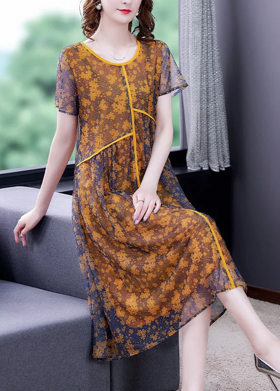 Loose Yellow O-Neck Patchwork Print Tulle Maxi Dresses Short Sleeve Elegant Maxi Dress with Ruffles