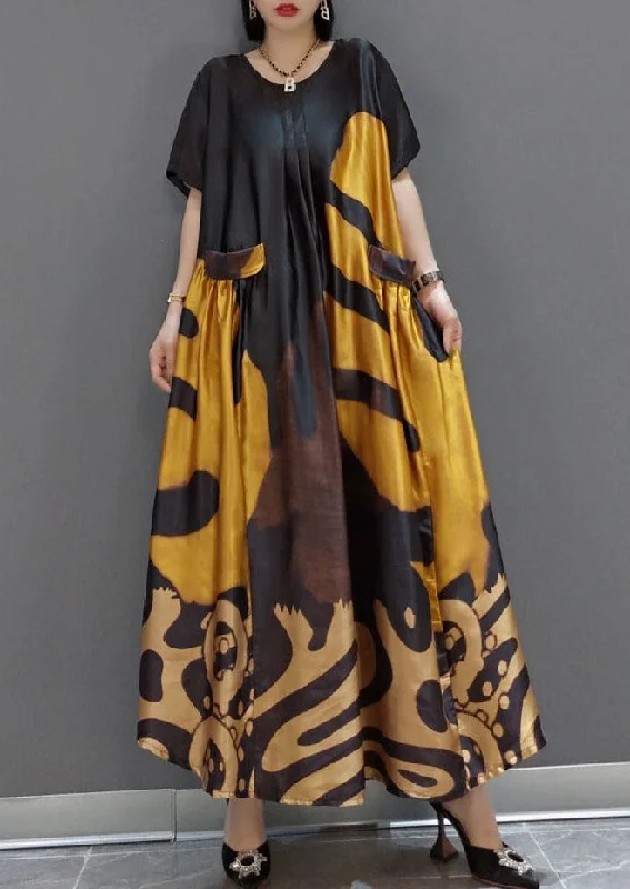 Loose Yellow O-Neck Print Satin Maxi Dress Short Sleeve Stylish Off-Shoulder Maxi Dress