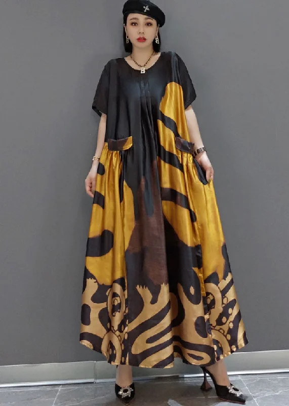 loose Yellow O-Neck Print Satin Maxi Dress Summer Fashionable Open-Back Maxi Dress