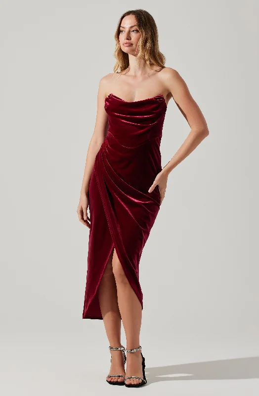 Meghan Velvet Draped Midi Dress Comfortable Ribbed Midi Dress