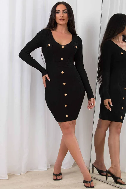 Midi Dress With Gold Buttons Long Sleeves Black Stylish Striped Midi Dress