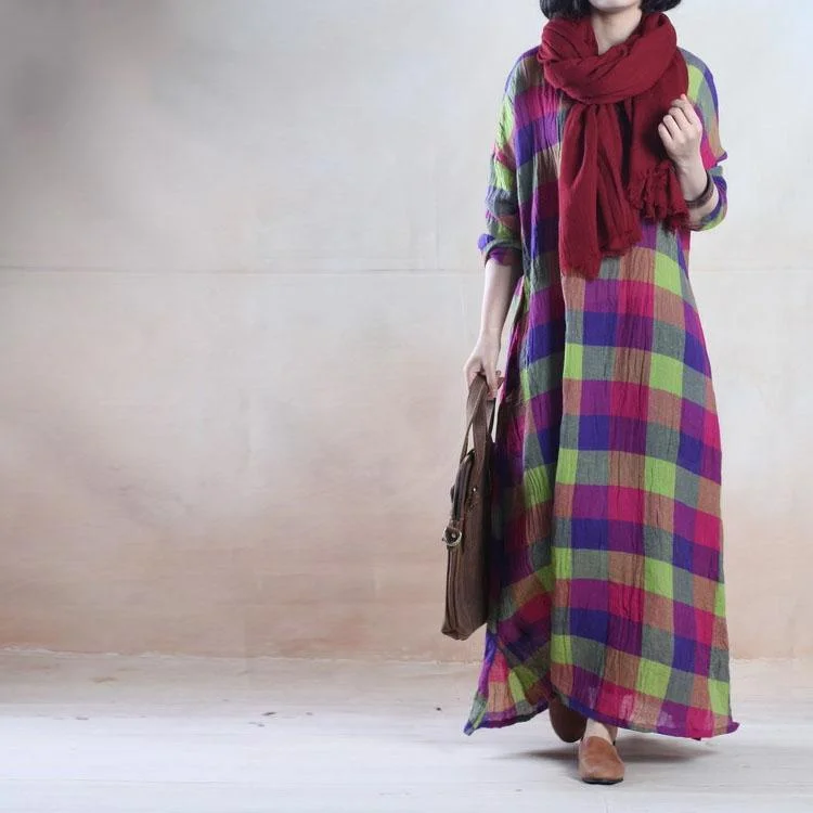 Mixed color plaid long linen gown linen caftan maxi dress Fashionable Halter Neck Maxi Dress