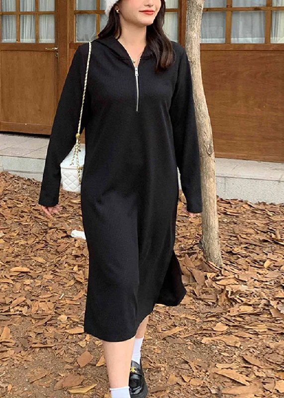 Modern Black Hooded Side Open Spandex Maxi Dress Fall Comfortable Fit-and-Flare Maxi Dress