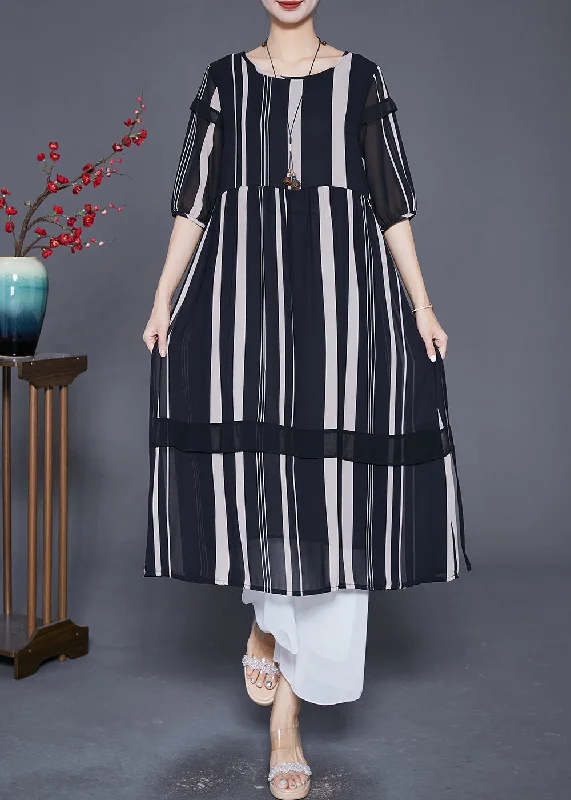 Modern Black Striped Patchwork Chiffon Maxi Dresses Half Sleeve Stylish Maxi Dress with Pleats