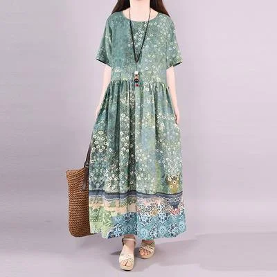 Modern cotton linen clothes For Women Organic Fashion Short Sleeve Printed Maxi Dress Chic Summer Maxi Dress