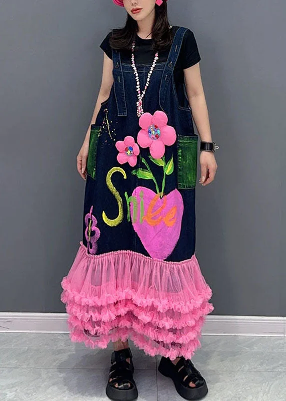 Modern Dark Blue Patchwork Pink Tulle Patchwork Floral Maxi Dresses Sleeveless Elegant Tiered Maxi Dress