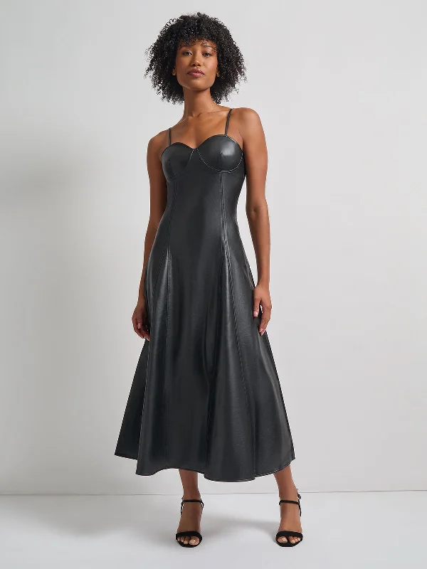 Modern Fit-and-Flare Vegan Leather Princess Seam Maxi Dress Stylish Empire Waist Maxi Dress