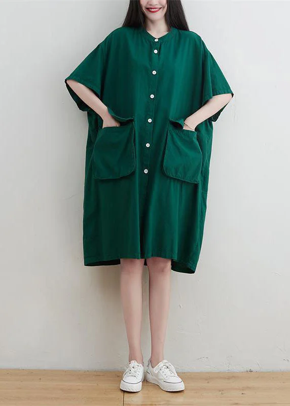 Modern Green Oversized Pockets Linen Maxi Dress Short Sleeve Cozy Longline Maxi Dress