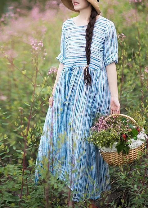 Modern O Neck Patchwork Summer Dress Sewing Blue Striped Maxi Dresses Chic Summer Floral Maxi Dress