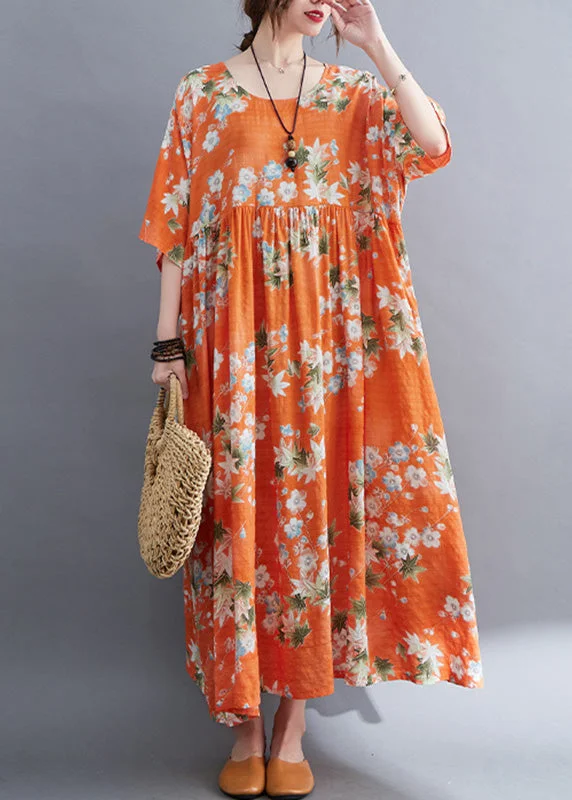 Modern Orange O-Neck Patchwork Wrinkled Cotton Maxi Dress Half Sleeve Chic Button-Up Maxi Dress