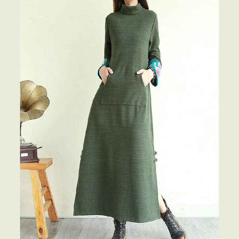 Modern side open cotton embroidery sleeve dresses Neckline green Maxi Dresses Elegant Maxi Dress with Slit