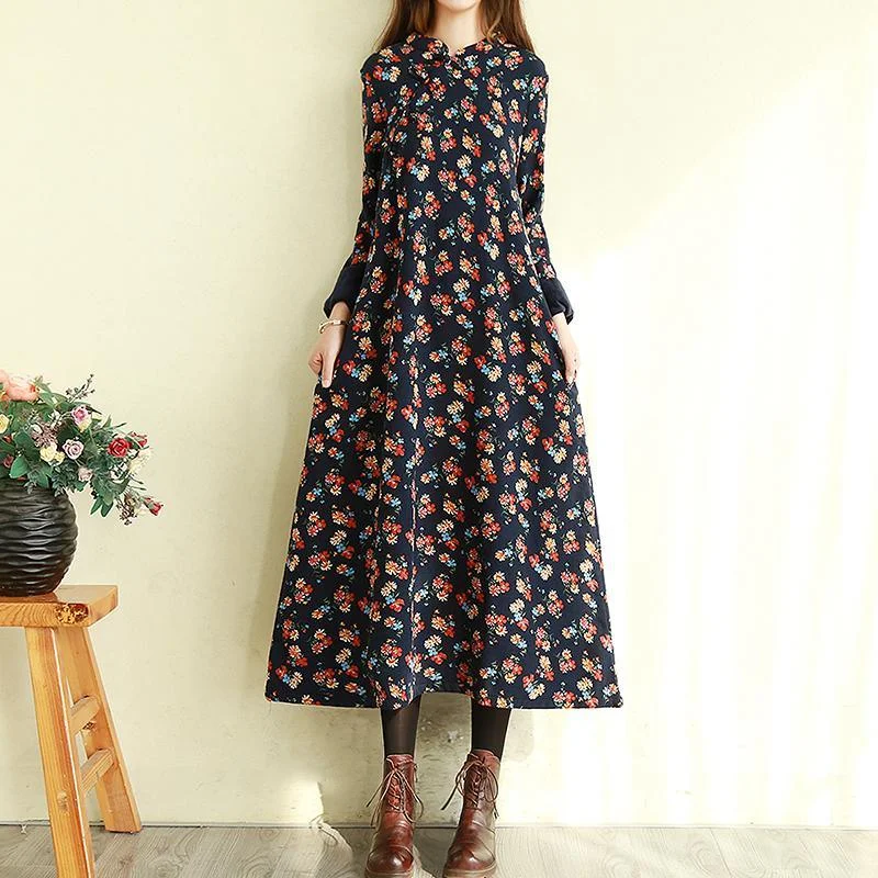 Modern stand collar cotton long sleeve tunic dress Work Outfits navy floral Maxi Dresses Trendy Printed Maxi Dress