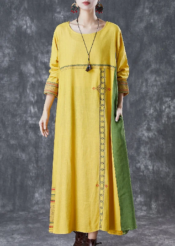 Modern Yellow Embroideried Patchwork Linen Maxi Dresses Spring Classic A-Line Maxi Dress