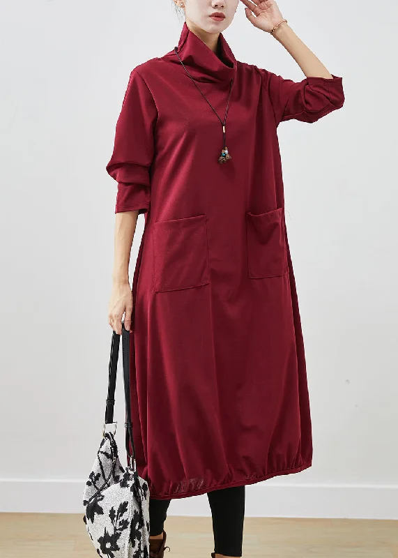 Mulberry Warm Fleece Maxi Dresses Turtle Neck Pockets Fall Stylish Maxi Dress with Pleats