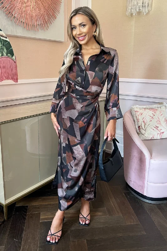 Multi Abstract Print 3/4 Sleeve Shirt Midi Dress Trendy Smocked Detail Midi Dress