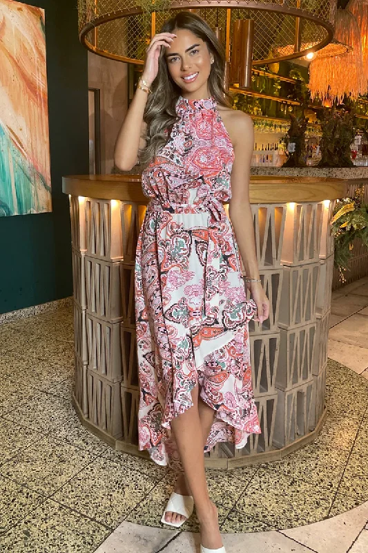 Multi Print Paisley Halter Neck Tie Waist Midi Dress Trendy Floral Wrap Midi Dress