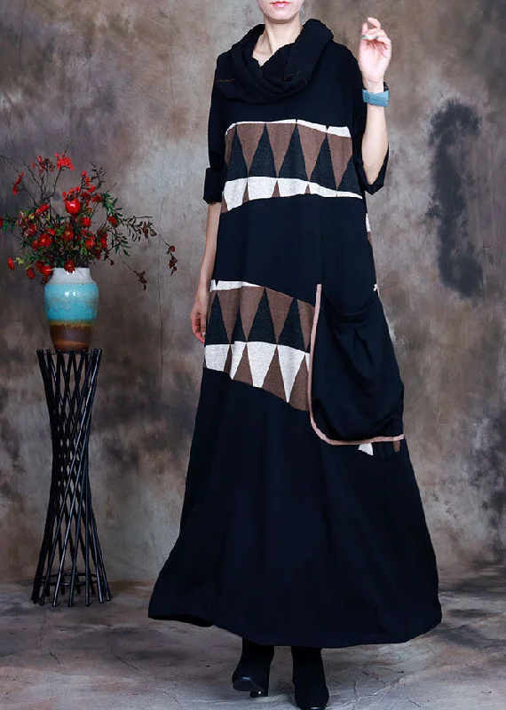 Natural Black pocket Asymmetrical Print Maxi Dresses Spring Stylish Long Sleeve Maxi Dress