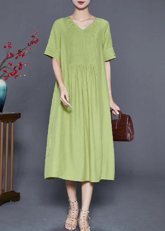 Natural Green V Neck Wrinkled Cotton Maxi Dresses Summer Stylish Boho Chic Maxi Dress