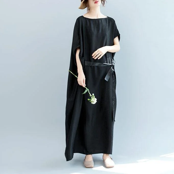 Natural o neck Batwing Sleeve silk clothes Women Photography black Maxi Dresses summer Comfortable Maxi Dress with Belt