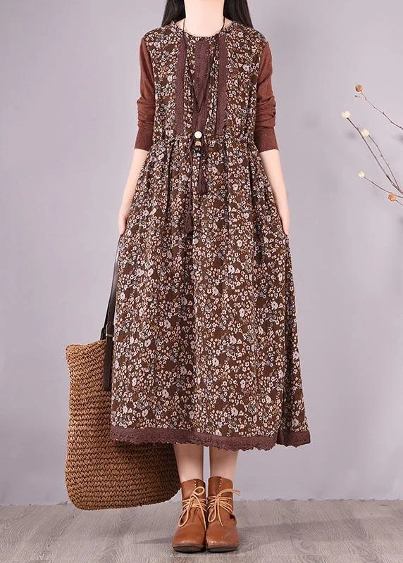 Natural O Neck Lace Spring Clothes Design Chocolate Print Maxi Dress Comfortable Bohemian Maxi Dress