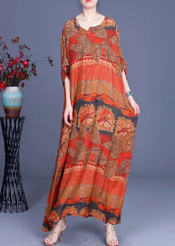 Natural Orange Print O-Neck Asymmetrical Design Summer Silk Maxi Dresses Elegant Pleated Maxi Dress