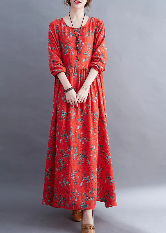 Natural Red O-Neck Print Maxi Dress Long Sleeve Trendy Off-Shoulder Ruffle Maxi Dress