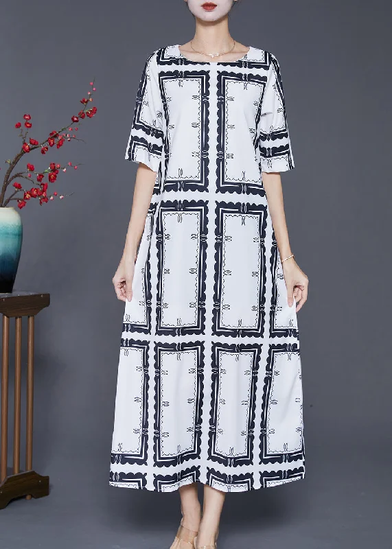 Natural White Square Collar Print Silk Maxi Dress Summer Cozy Knit Maxi Dress