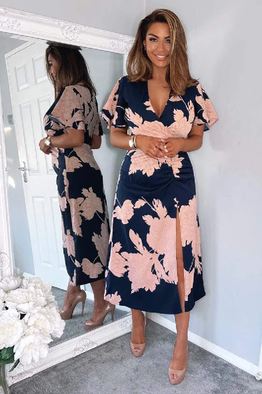 Navy And Blush Floral Print Bell Sleeve Midi Dress Comfortable Floral Print Midi Dress