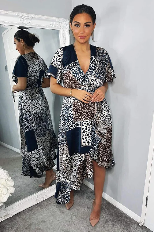 Navy Animal Print Patchwork Wrap Midi Dress Comfortable Lace-Up Midi Dress