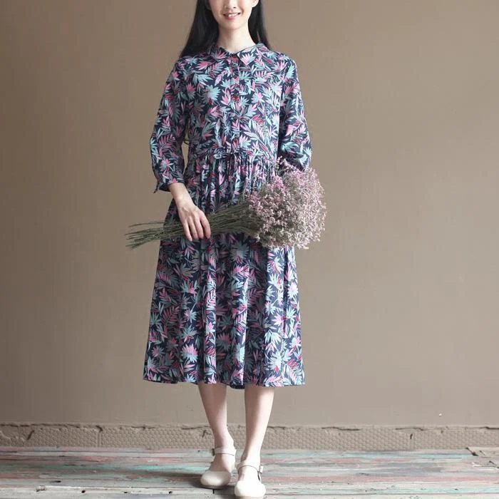 Navy bamboo leaves print cotton dresses long maxi dress pleated dresses Stylish Longline Maxi Dress