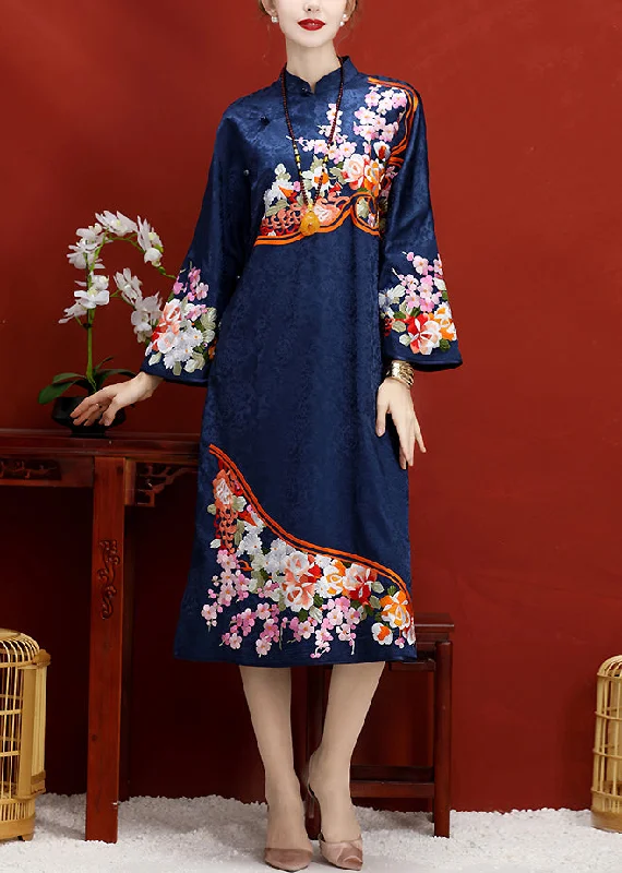 Navy Embroideried Button Side Open Silk Maxi Dress Long Sleeve Fashionable Button-Down Maxi Dress