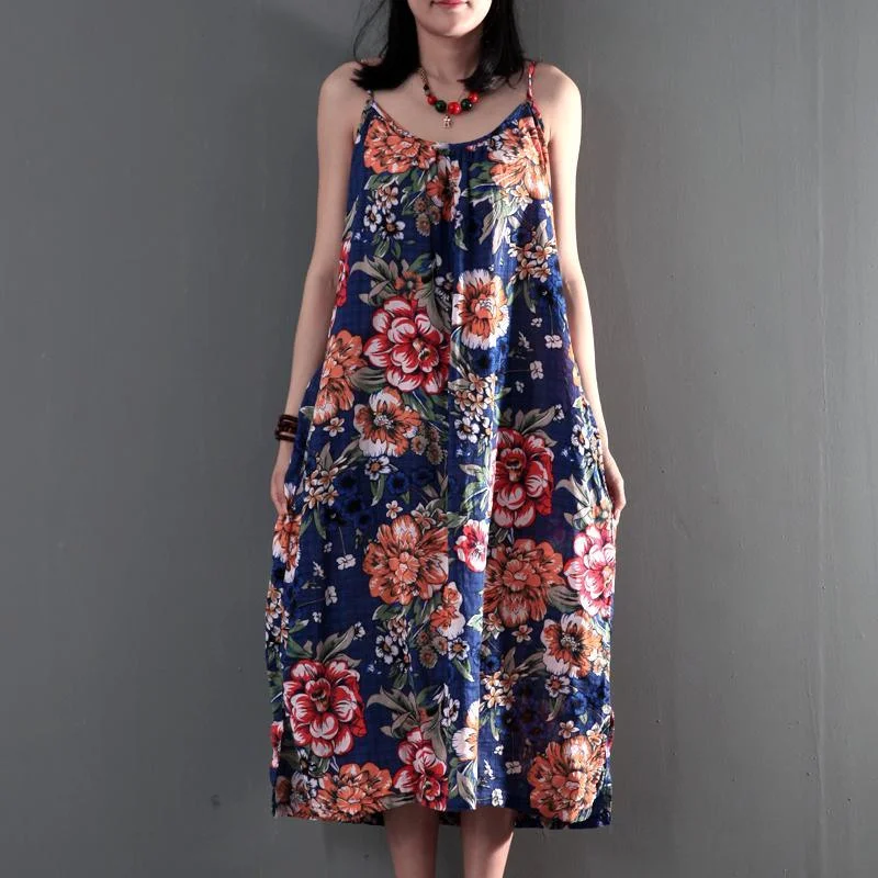 Navy floral print summer maxi dress plus size long cotton sundresses Classic Strapless Maxi Dress