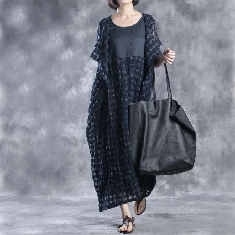 Navy linen dresses layered maxi dress summer caftans two pieces Comfortable Plunging Neckline Maxi Dress