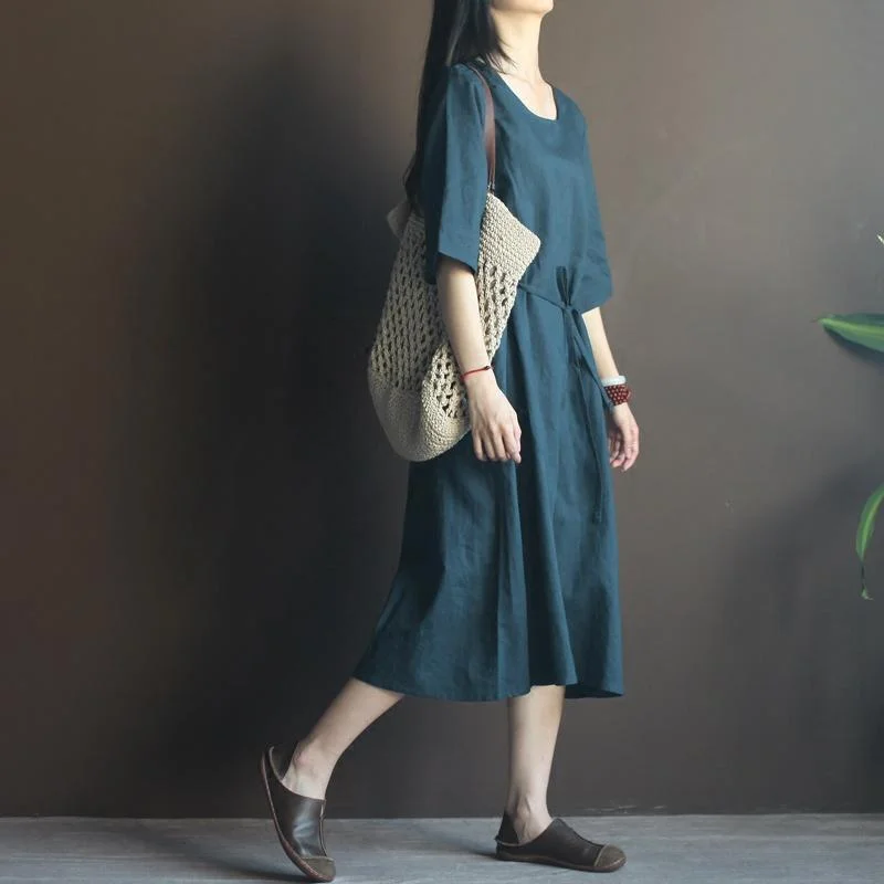 Navy linen sundress half sleeve plus size maxi dress summer casaul dresses Stylish Long Sleeve Maxi Dress