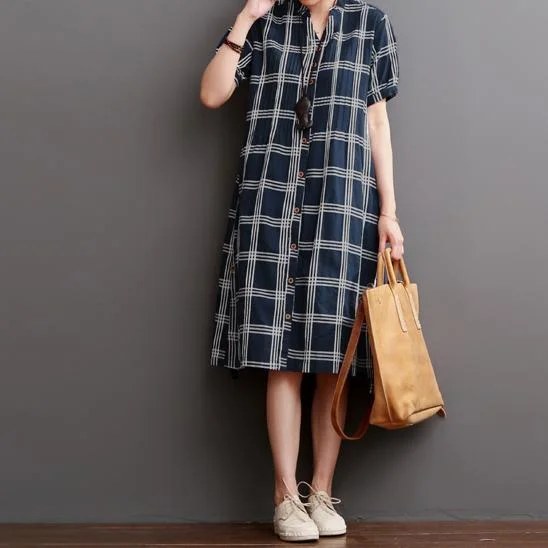 Navy plaid cotton dresses causal maternity maxi dresses sundress Elegant Maxi Dress with Drapes