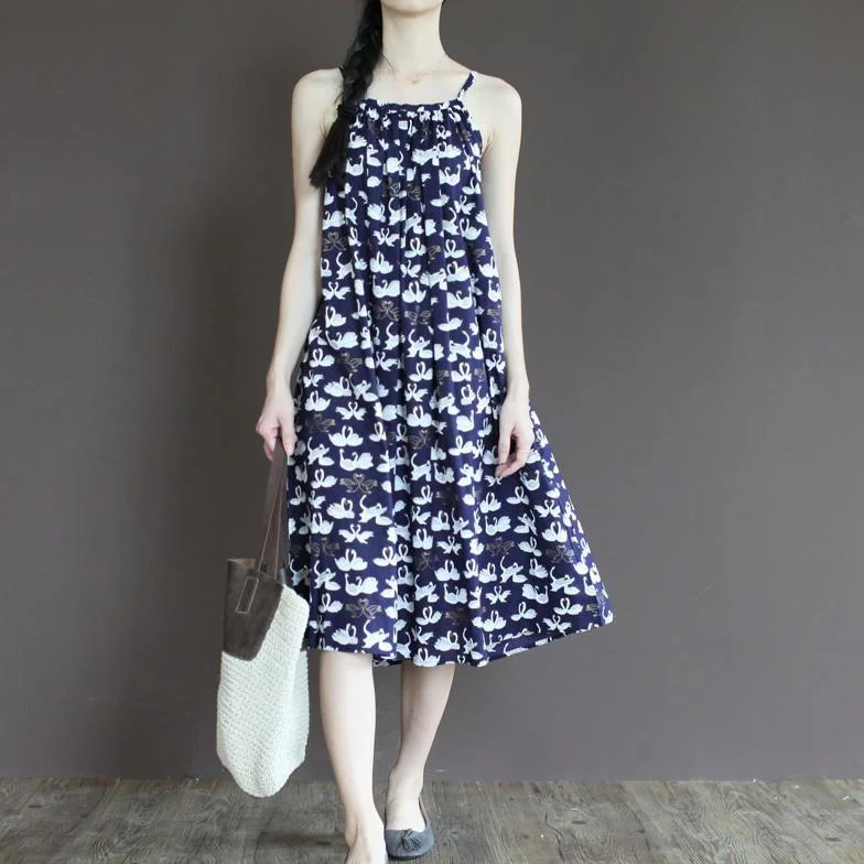 Navy swan couple sundress long cotton summer maxi dresses Cozy Maxi Dress with Slit