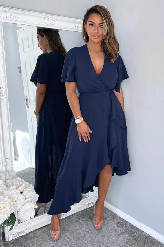 Navy Wrap Over Top Frill Hem Midi Dress Stylish Halter Neck Midi Dress