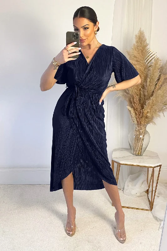 Navy Wrap Top Belted Short Sleeve Plisse Midi Dress Comfortable Wrap Midi Dress