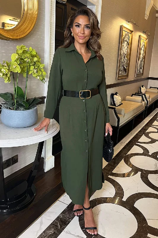 Olive Button Front Belted Shirt Midi Dress Comfortable Lace-Up Midi Dress