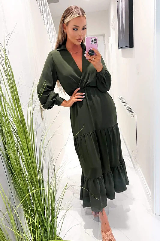 Olive Long Sleeve Wrap Top Smock Midi Dress Trendy Smocked Waist Midi Dress