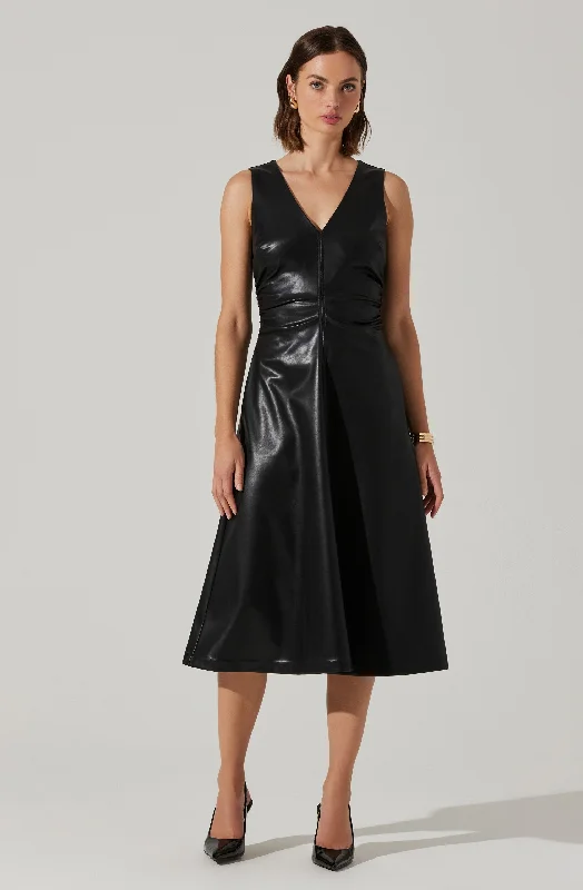 Omaira Faux Leather Midi Dress Cozy Midi Dress with Pockets