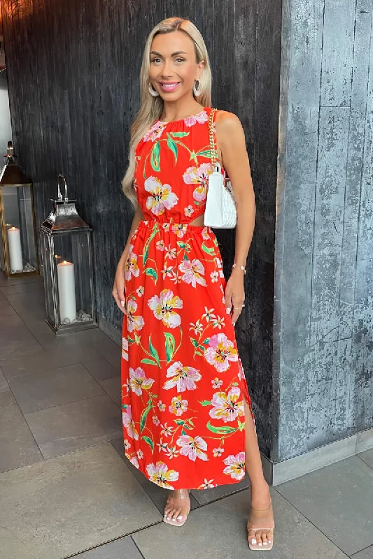 Orange Floral Cut Out Waist Midi Dress Fashionable Pleated Midi Dress