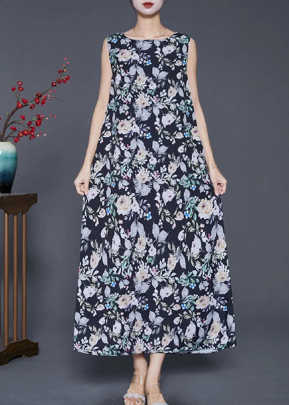 Organic Black Print Patchwork Cotton Maxi Dresses Sleeveless Elegant Maxi Dress with Belt